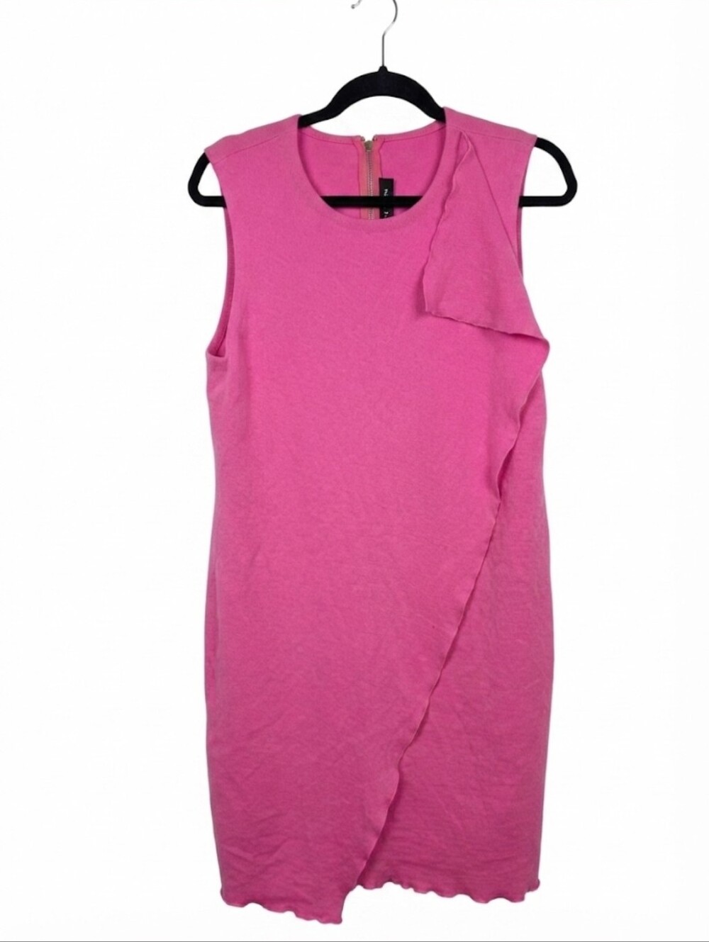 St. John Sleeveless Knit Sheath Dress Pink Ruffle Front Size 16